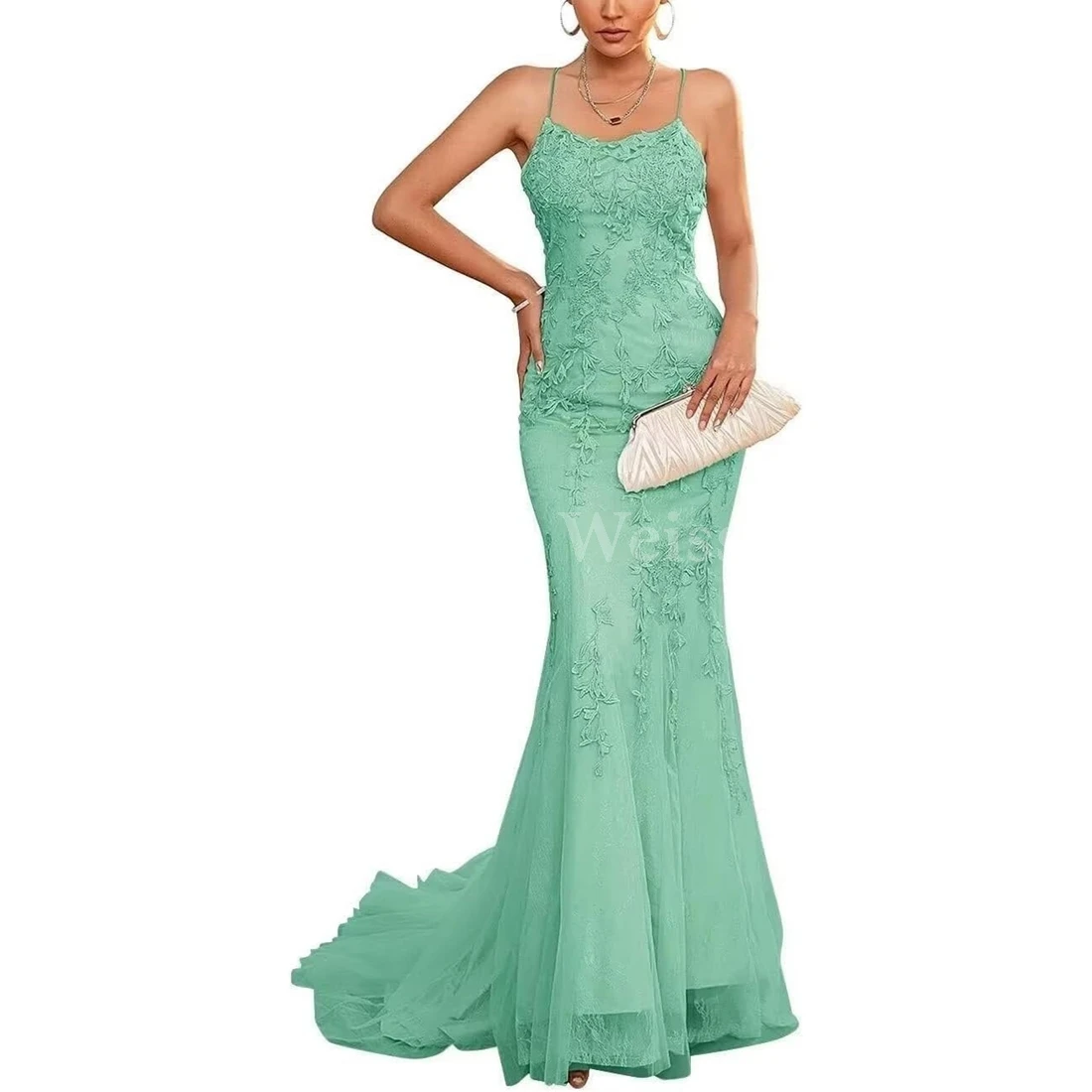 Apliques de encaje para mujer, tirantes finos, vestidos de noche de sirena, vestido de fiesta sin espalda personalizado