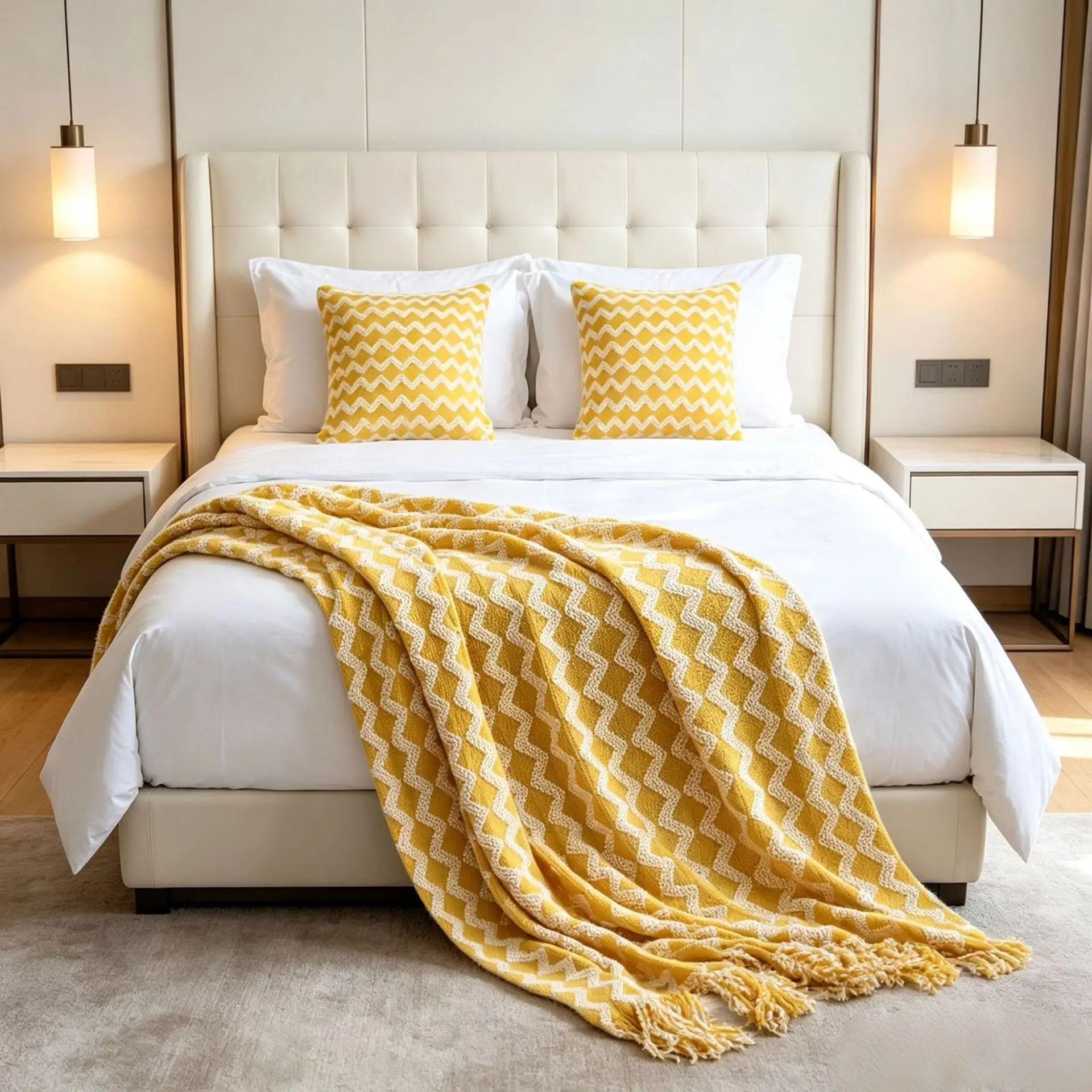 Lazy Style Geometric Wave Pattern Throw Blanket with Tassels, Nordic Bed Runner, Homestay Bed Scarf, Nap Cover for Sofa & Bed