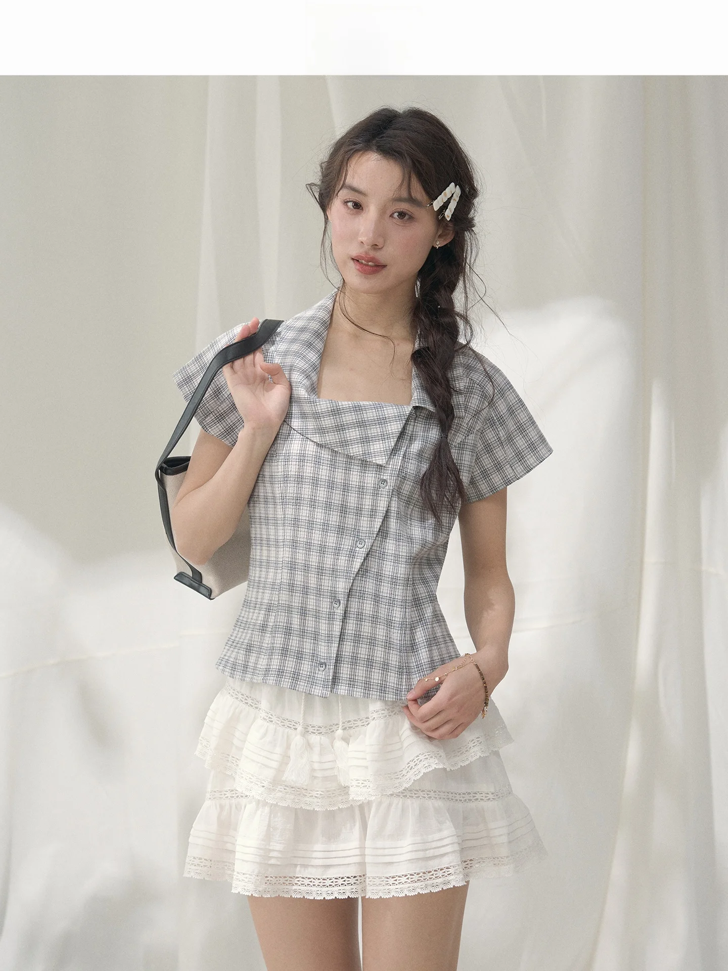 

LOLOL Summer Short Sleeve Square Collar Plaid Shirt Women's Slim Fit High Waist Short Length Side Button Vintage Style Top