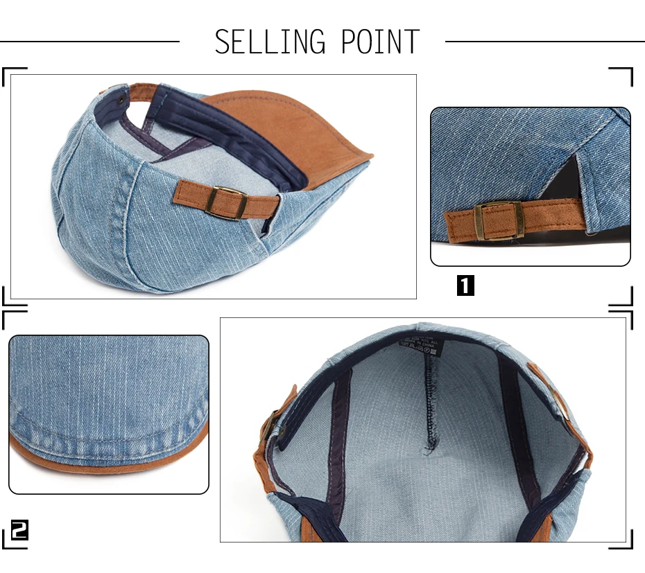 Denim Baumwolle Newsboy Cap Frauen Patchwork Braun Weiche Baskenmütze Männer Flache Visier Hut Vintage Für Frühling Herbst Sommer Casual Einstellbar – Detail 2