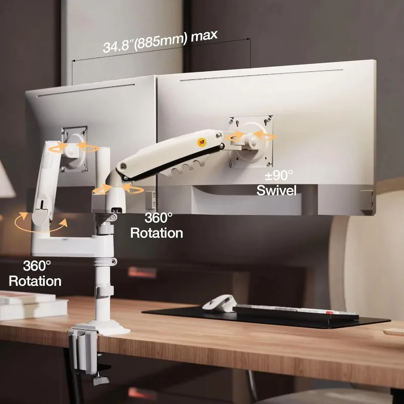 Soporte de montaje de escritorio para monitor dual, brazo de monitor de computadora giratorio de movimiento completo, se adapta a dos pantallas de hasta 27'' H180