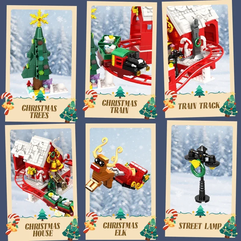 Weihnachtsbausteine-Set, 964-teilig, Mini-Zugstrecke, Untersetzer, Mikrostein-Montagespielzeug für Erwachsene, Jungen, Mädchen, Kinder, Geschenke