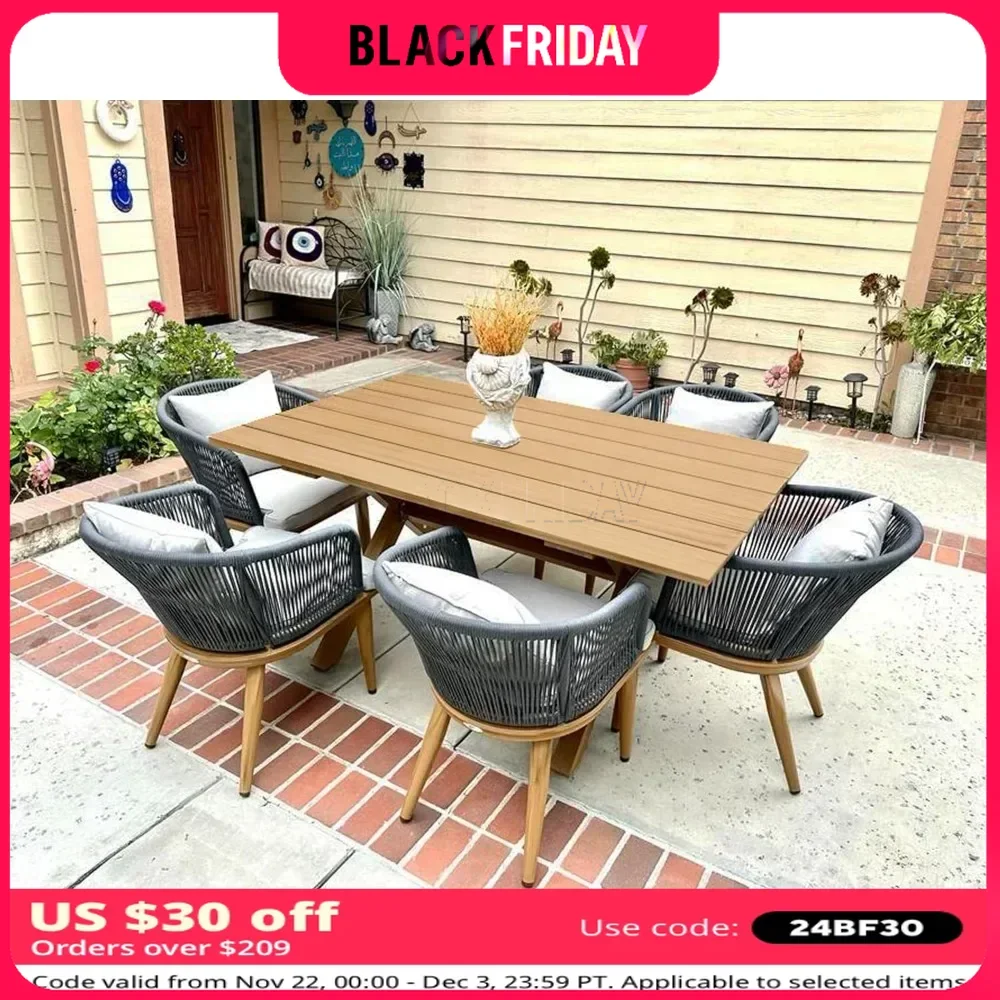 7 Pieces Patio Dining Set,Garden Deck Teak-Finish Aluminum Frame Backyard Kitchen Set,Wicker Outdoor Furniture Rectangular Table