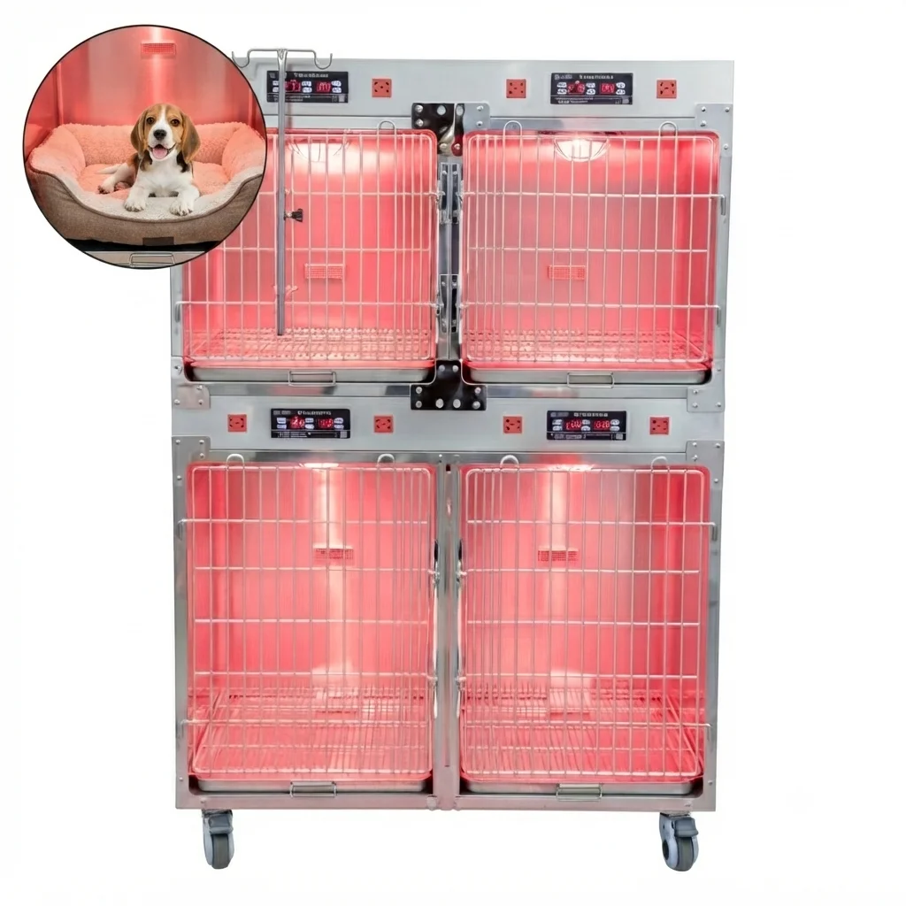 Stackable Pet ICU Oxygen Cage for Vet Clinic Use 2-Tier Stainless Steel Veterinary Recovery Chamber with Nebulizer Port