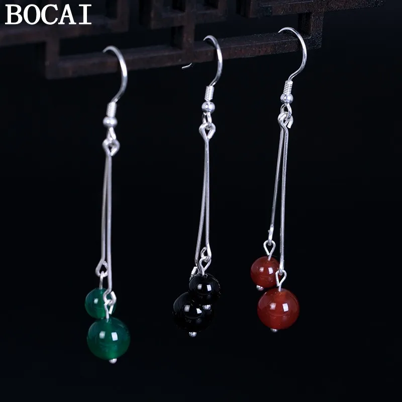 

Серьги BOCAI NEW S925 из серебра 925 пробы, простые и модные, с круглыми бусинами из агата.