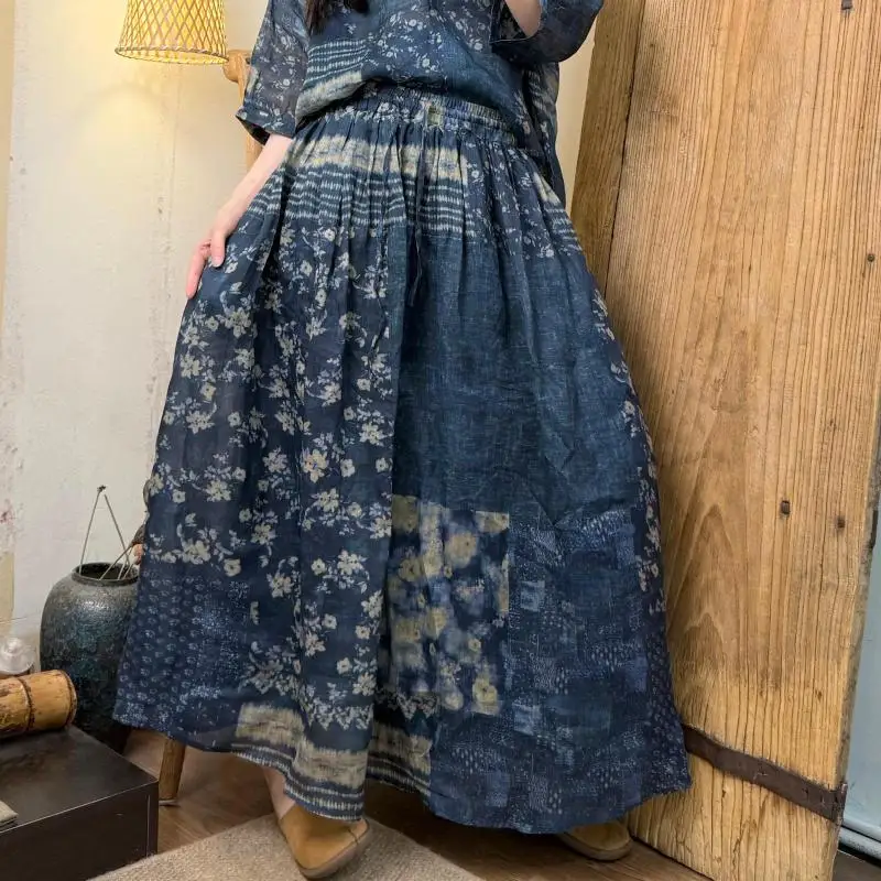 New Arrival Spring Summer Arts Style Women Elastic Waist Loose A-line Skirt High Quality Cotton Linen Vintage Print Long Skirts