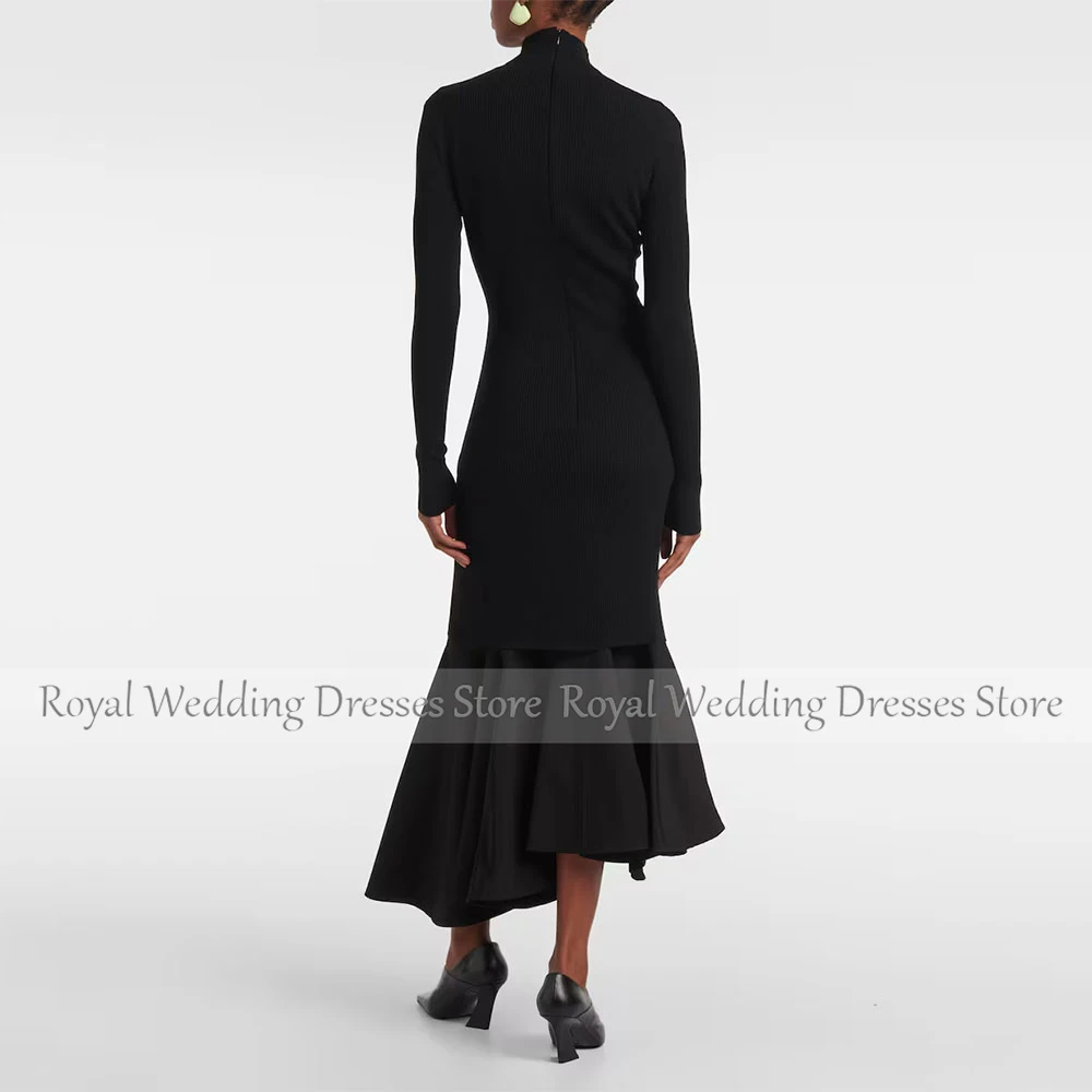 فستان سهرة أسود أنيق للنساء حورية البحر فستان رسمي للحفلات بأكمام طويلة فستان سعودي بطول الشاي للحفلات الراقصة