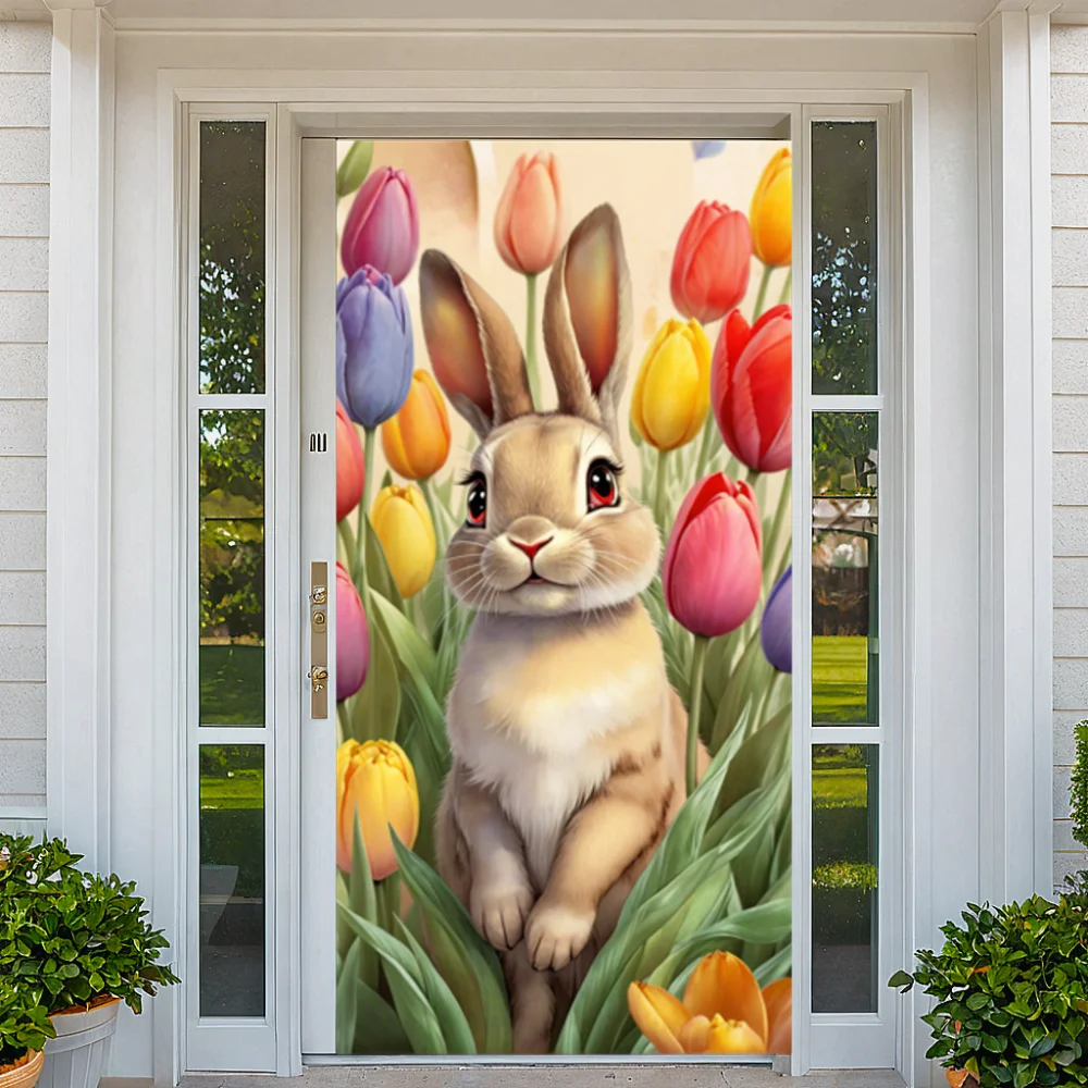 Easter Bunny Tulip Flower Decoration Door Cover Happy Easter Door Backdrop Outdoor Garden Porch Colorful Eggs Rabbit Flower