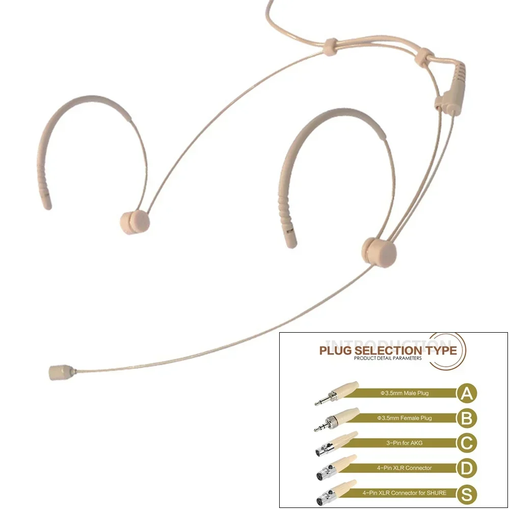 Adjustable Beige Double Earhook Headset Mic Microphone Lockable Headworn Microphone 3.5mm 3 Pin 4 Pin XLR Plug