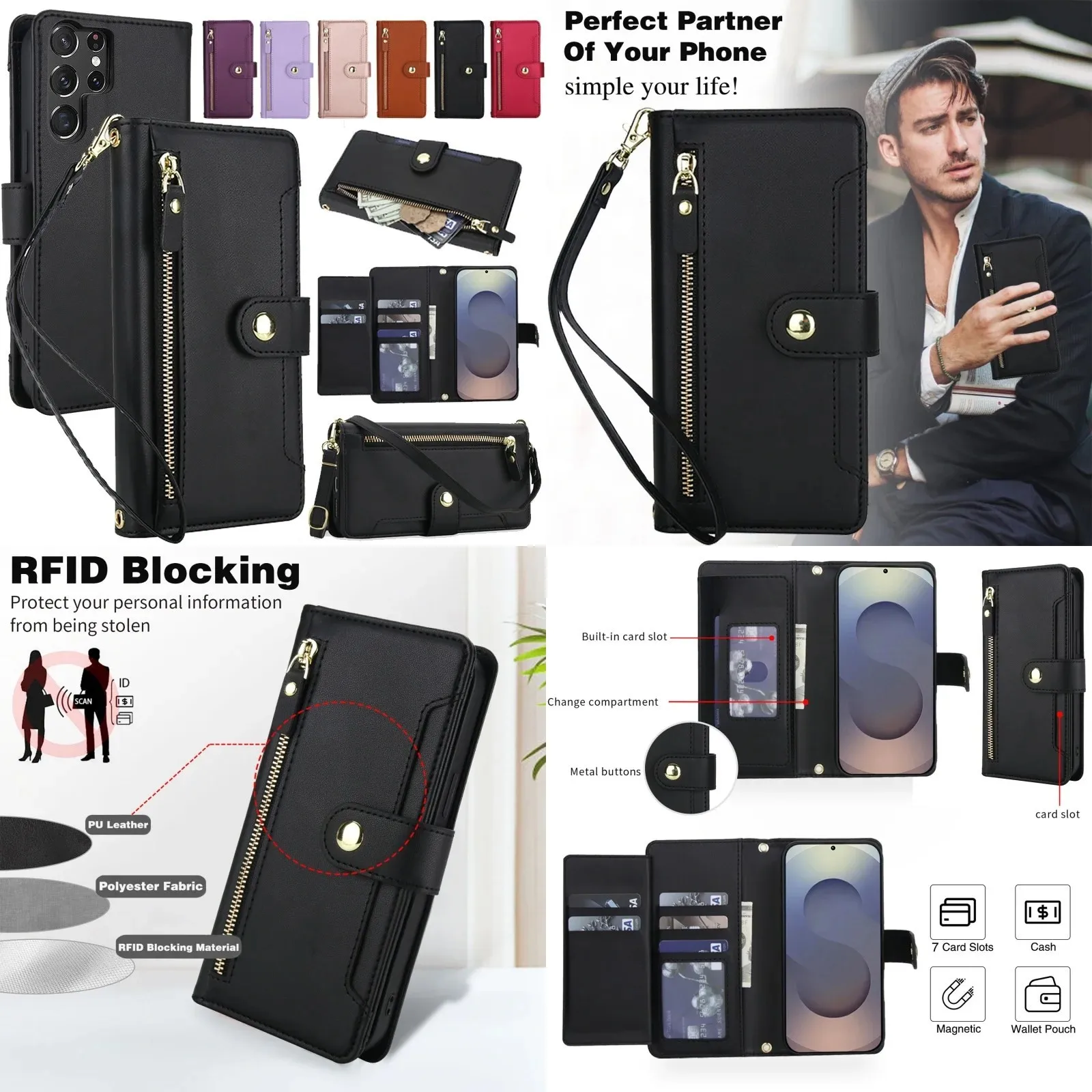 Zipper Leather Wallet Phone Case for Samsung Galaxy S26 Plus S25 Ultra S24 FE S23 S22 A57 A37 A17 A56 A36 A16 Lanyard Card Cover