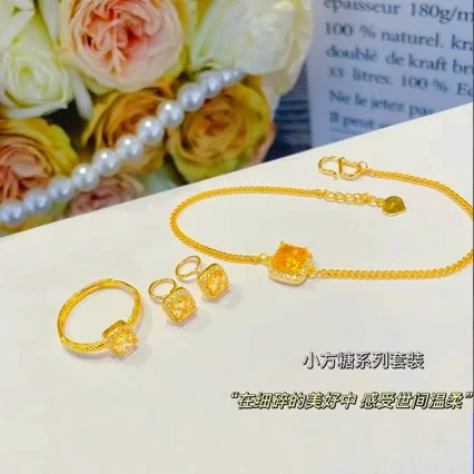 18K gold necklace sugar cube ring AU750 bracelet girls niche design light luxury gold diamond four-piece set