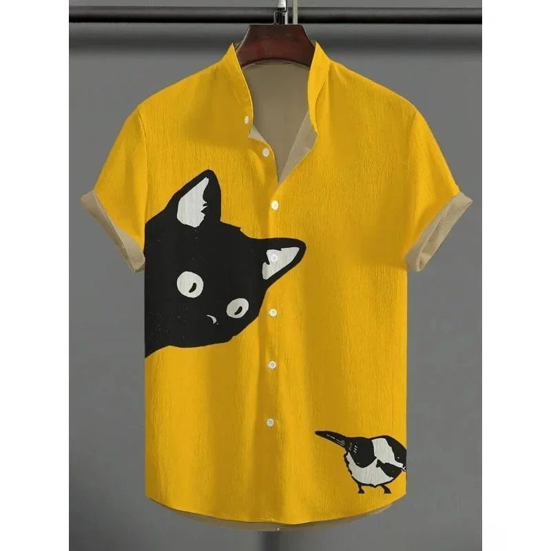 

2025 Japanese Lamian Noodles sushi black cat printed linen shirt pure stand collar casual shirt funny shirt