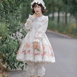 Japanese Sweet Lolita OP Dress Soft Girl Kawaii Cartoon Print Bow Ruffles Princess Dresses Women Cute Long Sleeve Party Vestidos