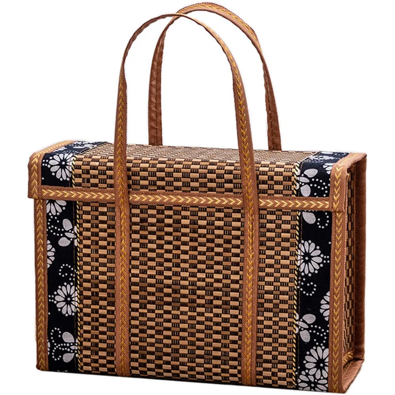 

Picnic Woven Basket Wicker Storage Bag Handle Folded Fruit Shopping Food Handle Rattan Grass Foldable Bamboo Basket