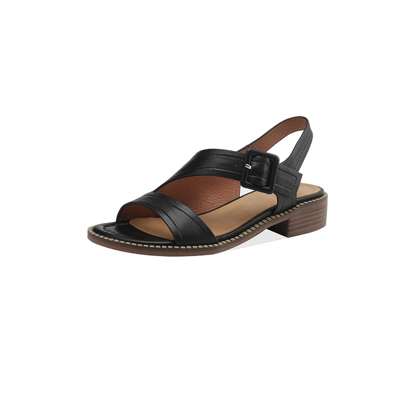 Genuine Leather Summer Sandals Women Round Toe Shoes Chunky Heel Open Toe Back Strap Sandals for Women Cow Leather Sandals