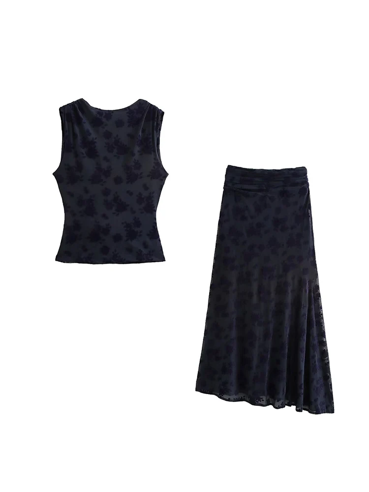 

KUCLUT Women Fashion 2 Piece Sets Printed Backless Tank Tops & Vintage Elastic Waist Skirt Female Chic Lady Skirts Set