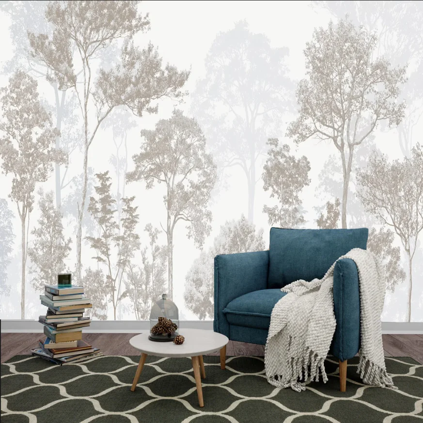 Customized Size Mural Mist Forest Decoration Painting Home Decoration Retro Forest Cedar Forest Wallpaper White Birch Tree mural