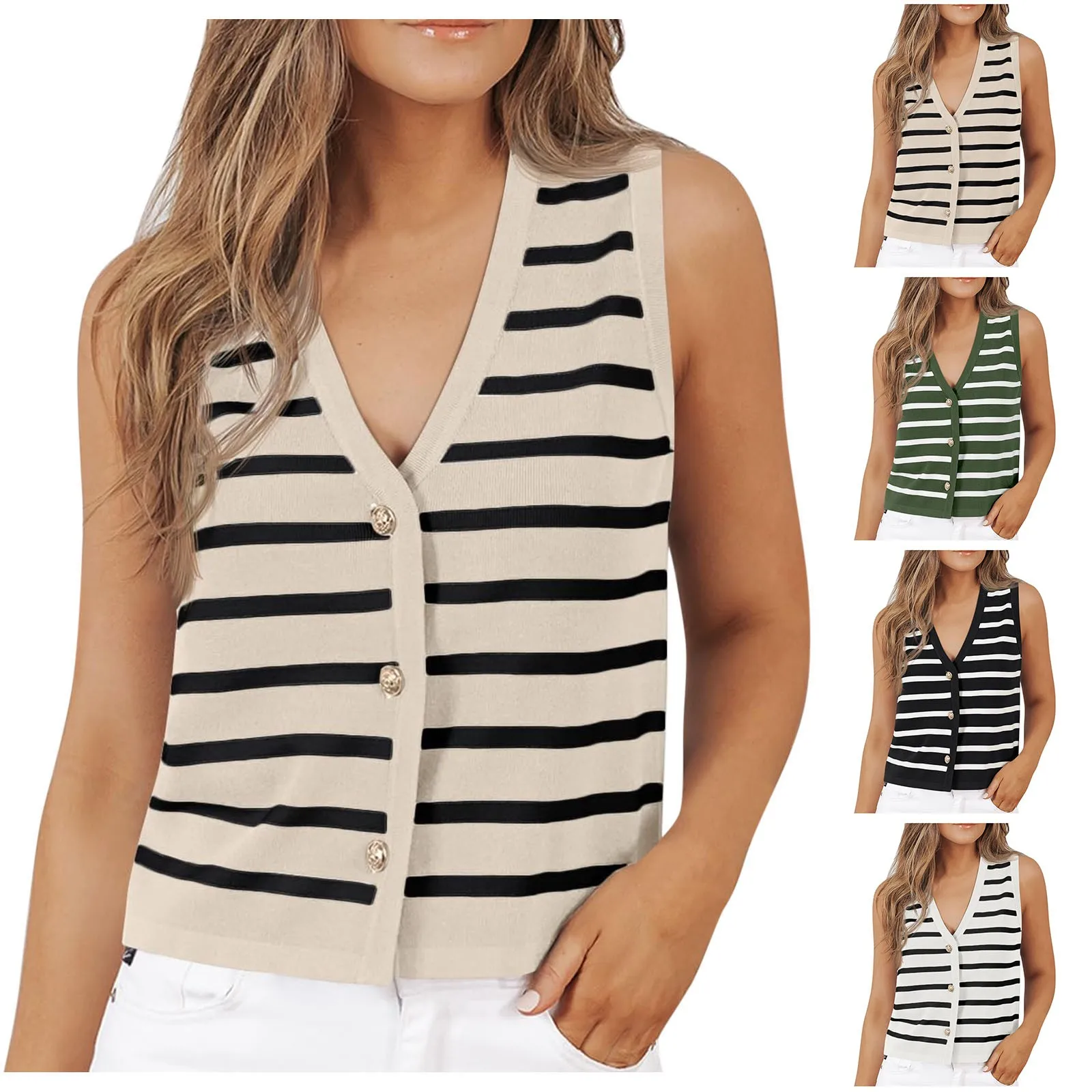 Women Striped Dressy Tops Cropped Tank Tops Sleeveless Button Up Cardigan Sweater Vests Womens Dress Jacket