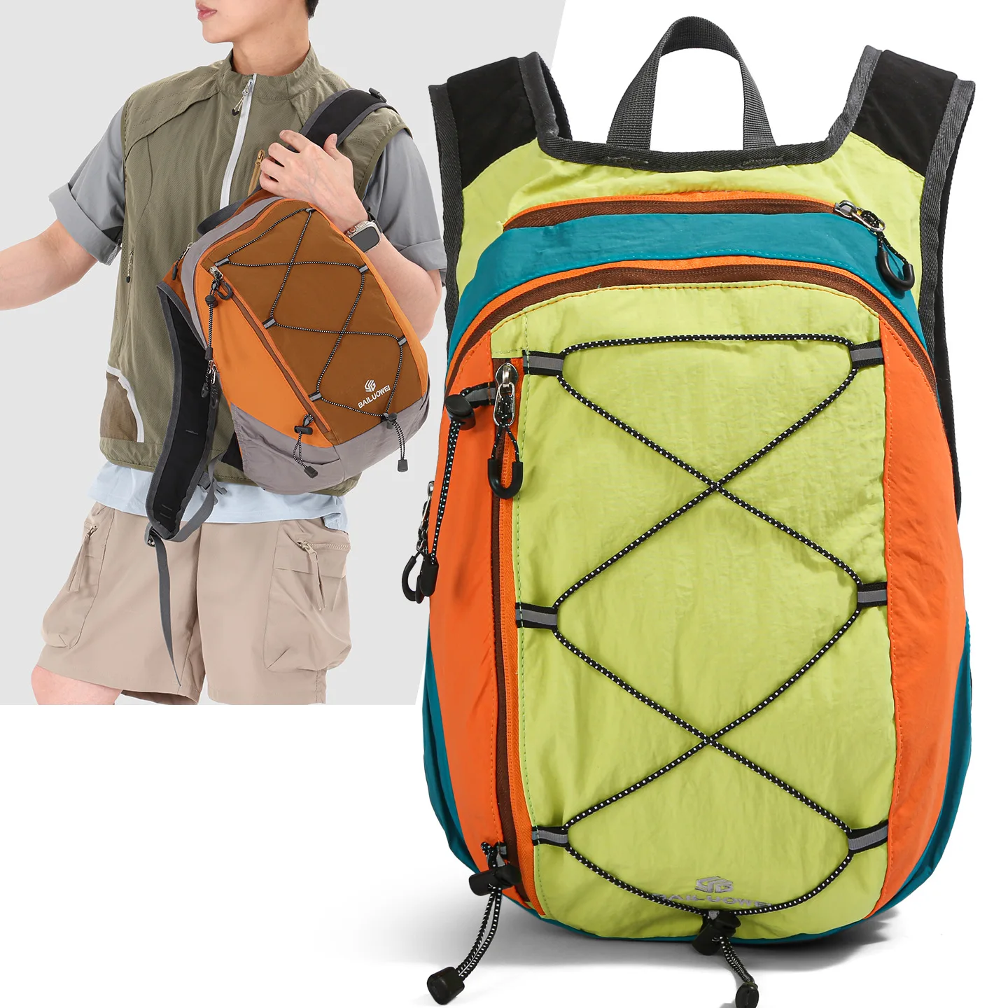 Multi-functional outdoor sports backpack, light nylon spliced color-blocking backpack for hiking, mountain climbing and cycling