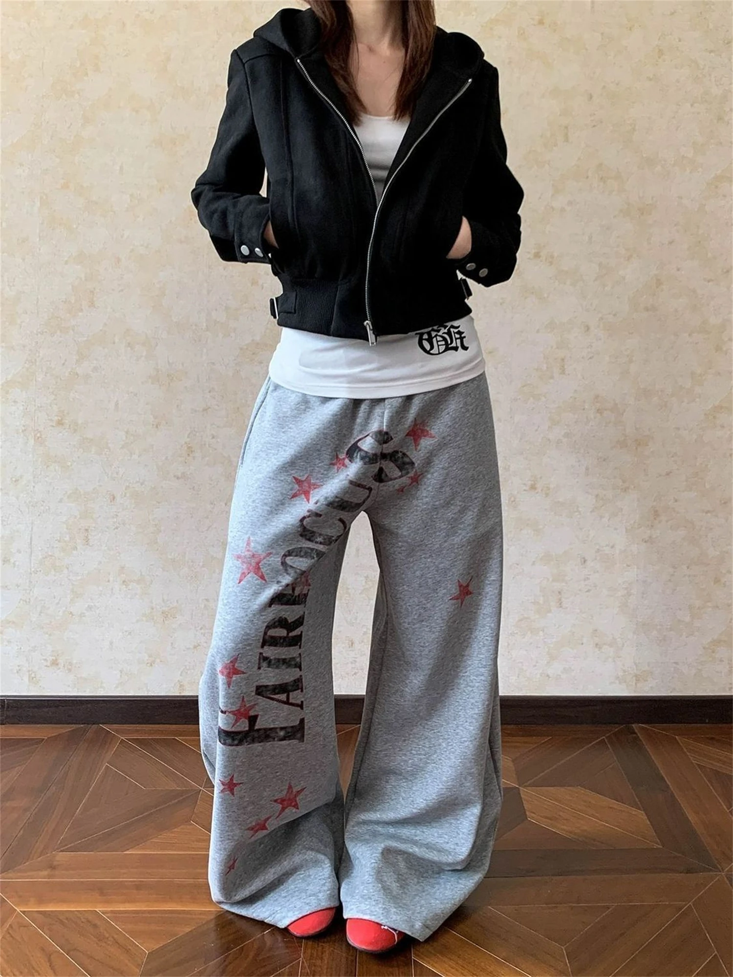 

Women's High Waist Wide Leg Sweatpants Red Star & Letter Print Y2K Streetwear Casual Loose Fashion Trousers
