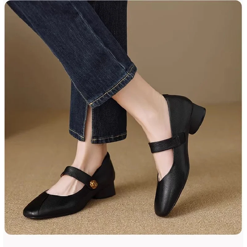 

2025 New Women's Genuine Leather Shoes - Ankle Strap Shoes with Metal Buckle & Low Block Heel, Spring/Fall Casual Shoes