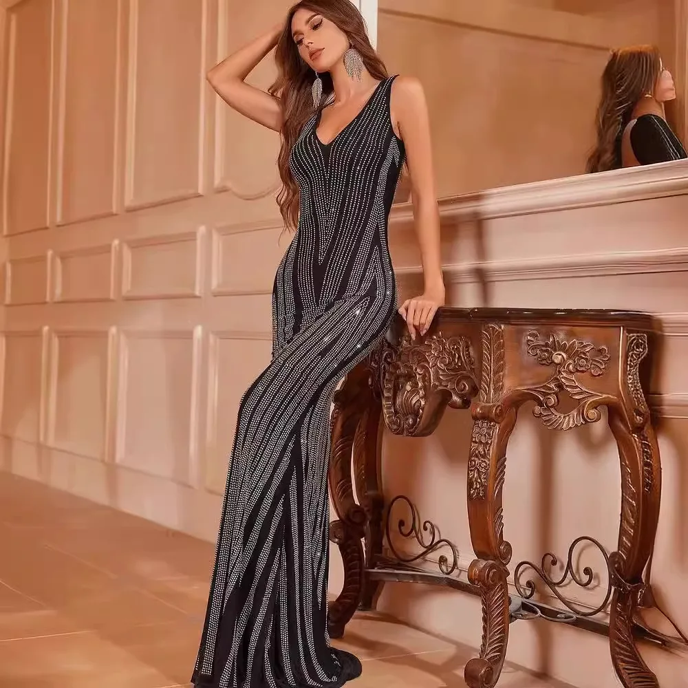 Women's Dress Double Sided Hot Diamond V-neck Sleeveless Dress Thin Fashion Elastic Slim Fit Wrap Hip Long Dress 2024 New