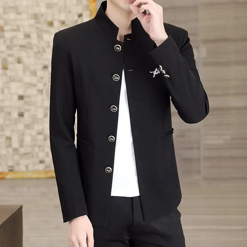 2024 men\'s Spring New Stand Collar Business Casual blazer Youth Chinese Style Multi-Button Embroidered   blazer