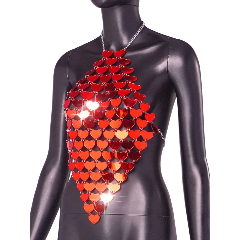 Top corto tipo camisola con joyería para cuerpo, con cadena para cuerpo, lentejuelas metálicas en forma corazón