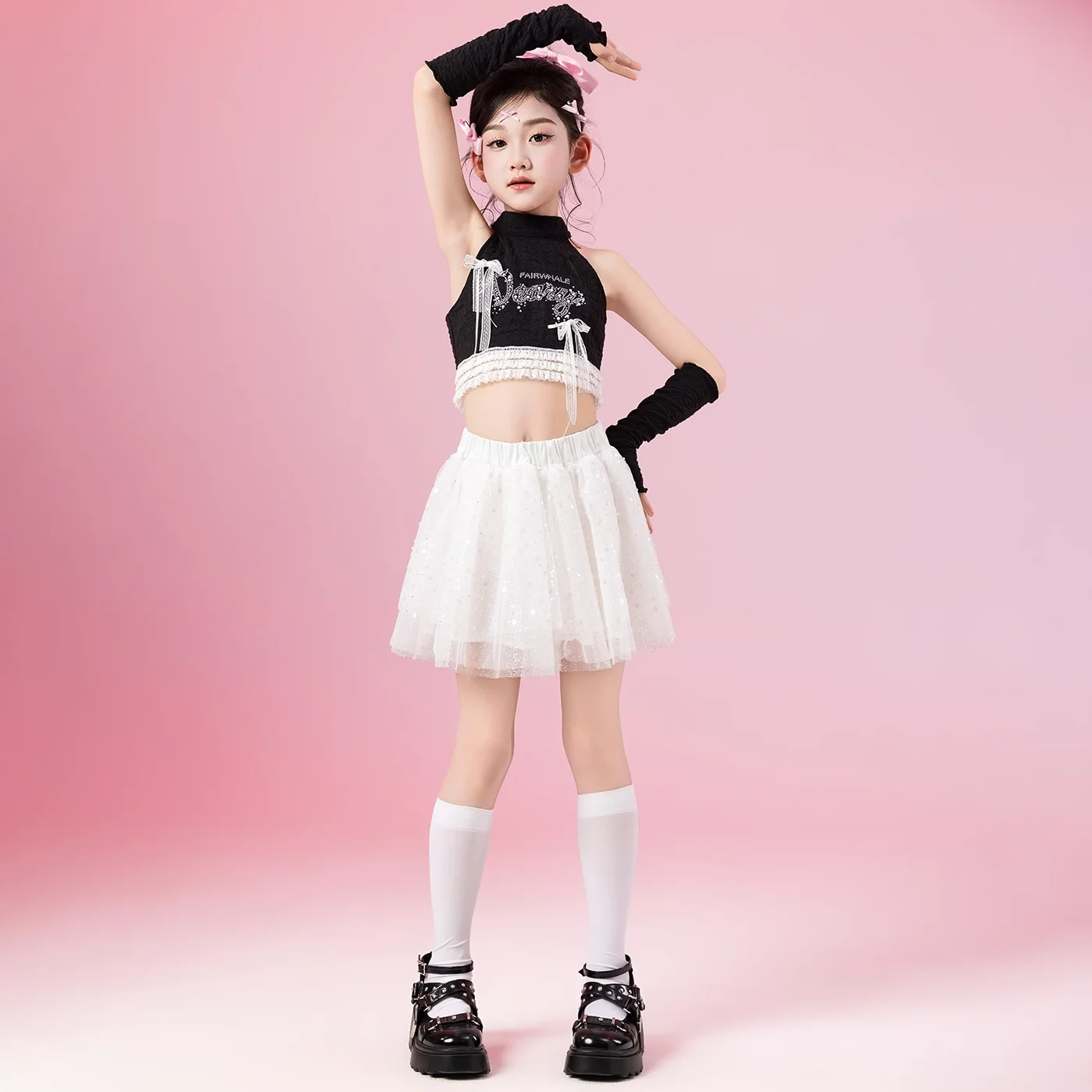 2025 sommer Jazz Dance Kleidung Mädchen Schwarz Tops Pailletten Weiß Rock Cheerleader Tanz Kostüm Kpop Straße Tragen Bühne Outfit BL16073