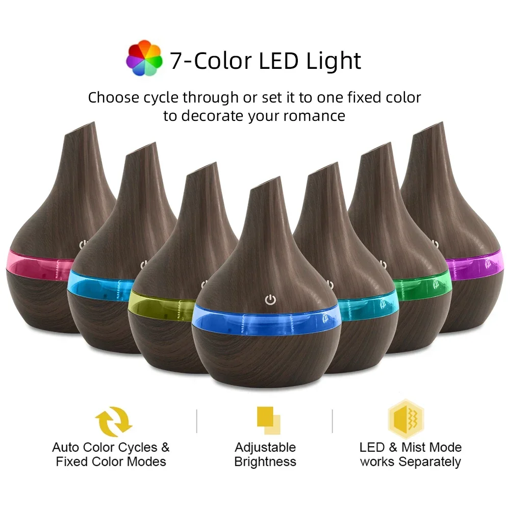300 ml houtnerf etherische olie diffuser USB-luchtbevochtiger, automatische uitschakeling, stil, BPA-vrij, 2 oliën