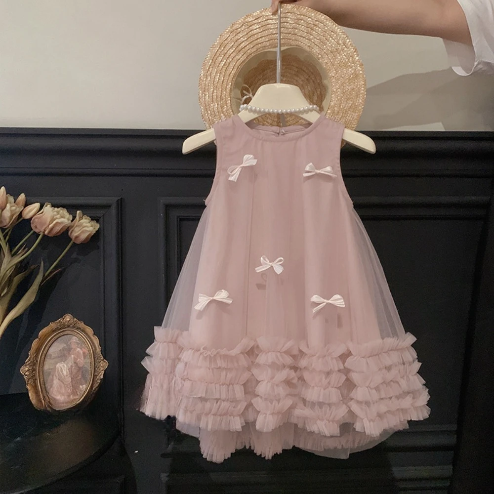 Bear Leader Pink Sweet Girls Dress Summer Sleeveless 3D Bow Decorative Mesh Princess Dress Birthday Wedding Party Kids Clothes