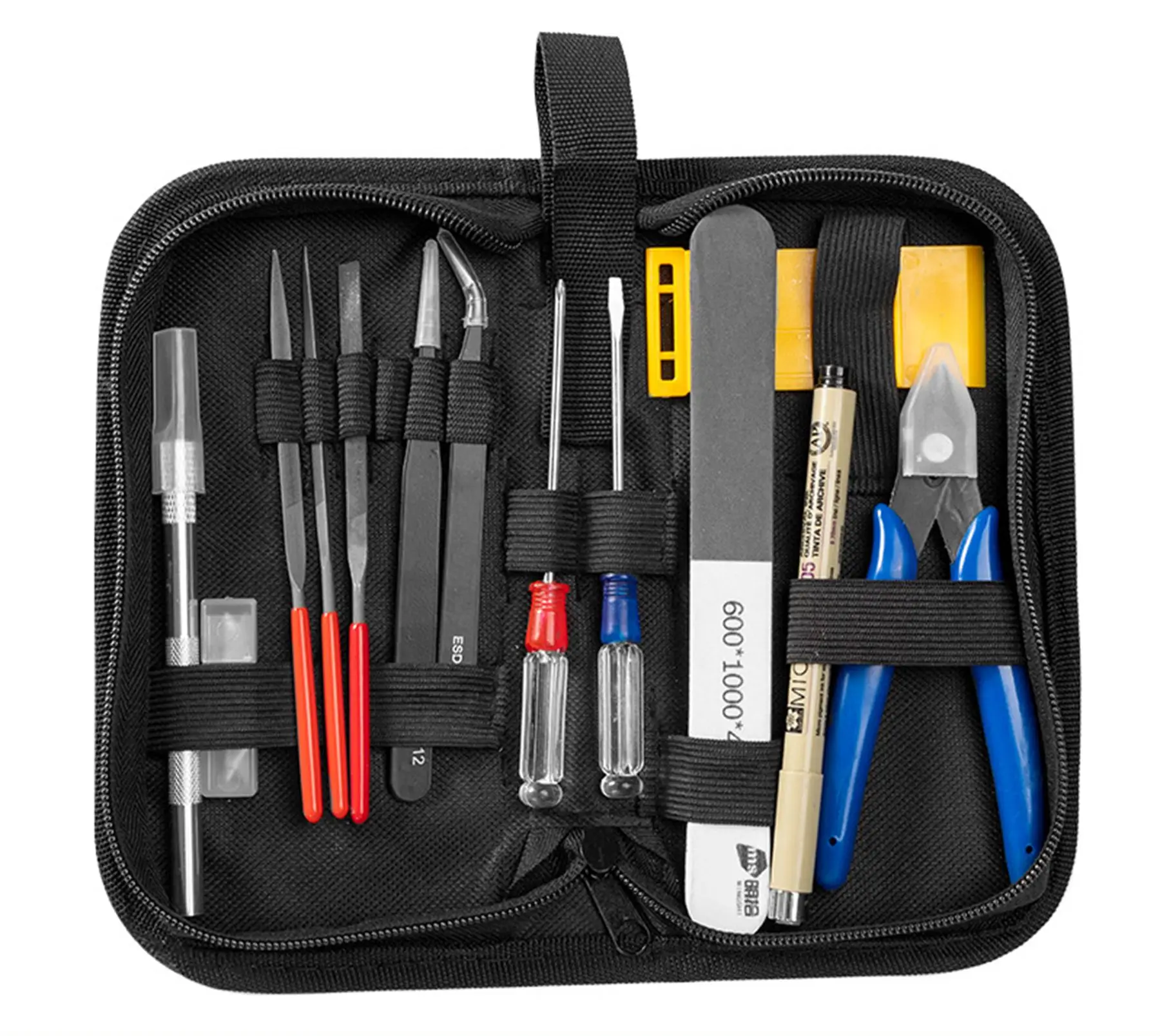 14-Piece for Gundam Model Tool Set - Side Cutter, Hobby Knife, Tweezers, File Set & Sanding Blocks in Portable Carry Bag