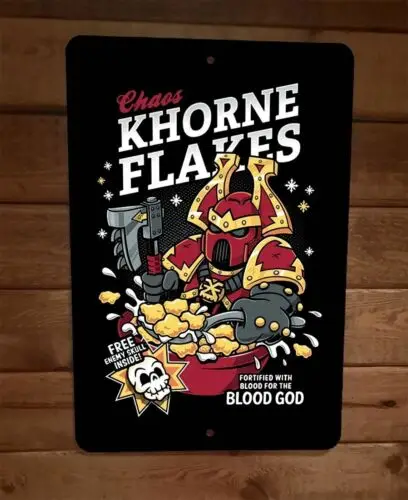 Signo de pared de Metal Chaos Khorne Flakes Blood God Corn Cereal Parody 8x12