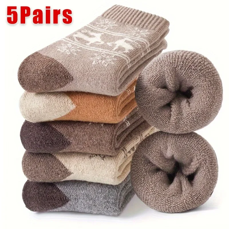 5Pairs Wool Socks Men Women Winter Snow Thermal Cashmere Thicken Fleece Terry Loop Socks Chrismas Gift Hiking Middle Tube Socks