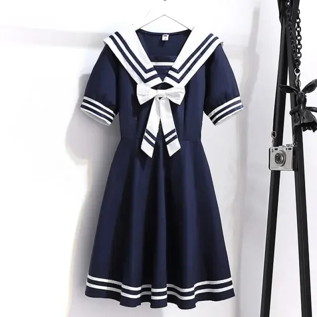 

2025 Summer New retro preppy Girls long Dress Cotton Sailor bow Collar Teens striped JK Patchwork Baby Clothes Toddler 12 year