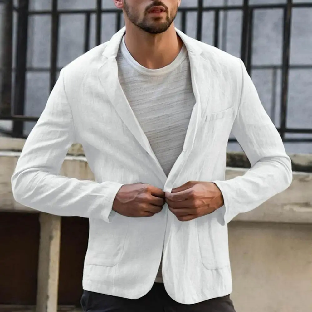 Cotton Linen Slim Blazer For Men Solid Color Long Sleeve Pockets Summer Blazer Coat Thin Male Casual Jacket Business Men Blazer