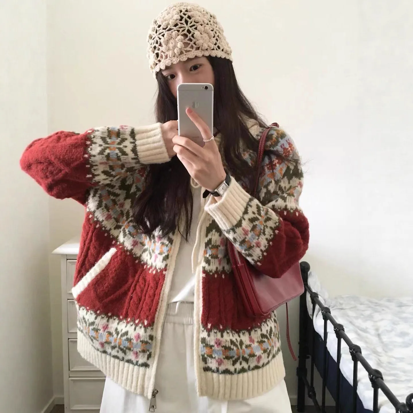 

Vintage Color-Block Hooded Sweater Zipper Cardigan for Women, New Loose and Thick Knitted Coat for Autumn and Winter