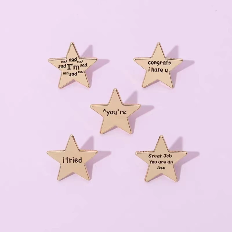 I\'m sad Gold Star Letter Enamel Pins Congrats I Hate U Brooches Lapel Badges Creative Jewelry Gfits Wholesale