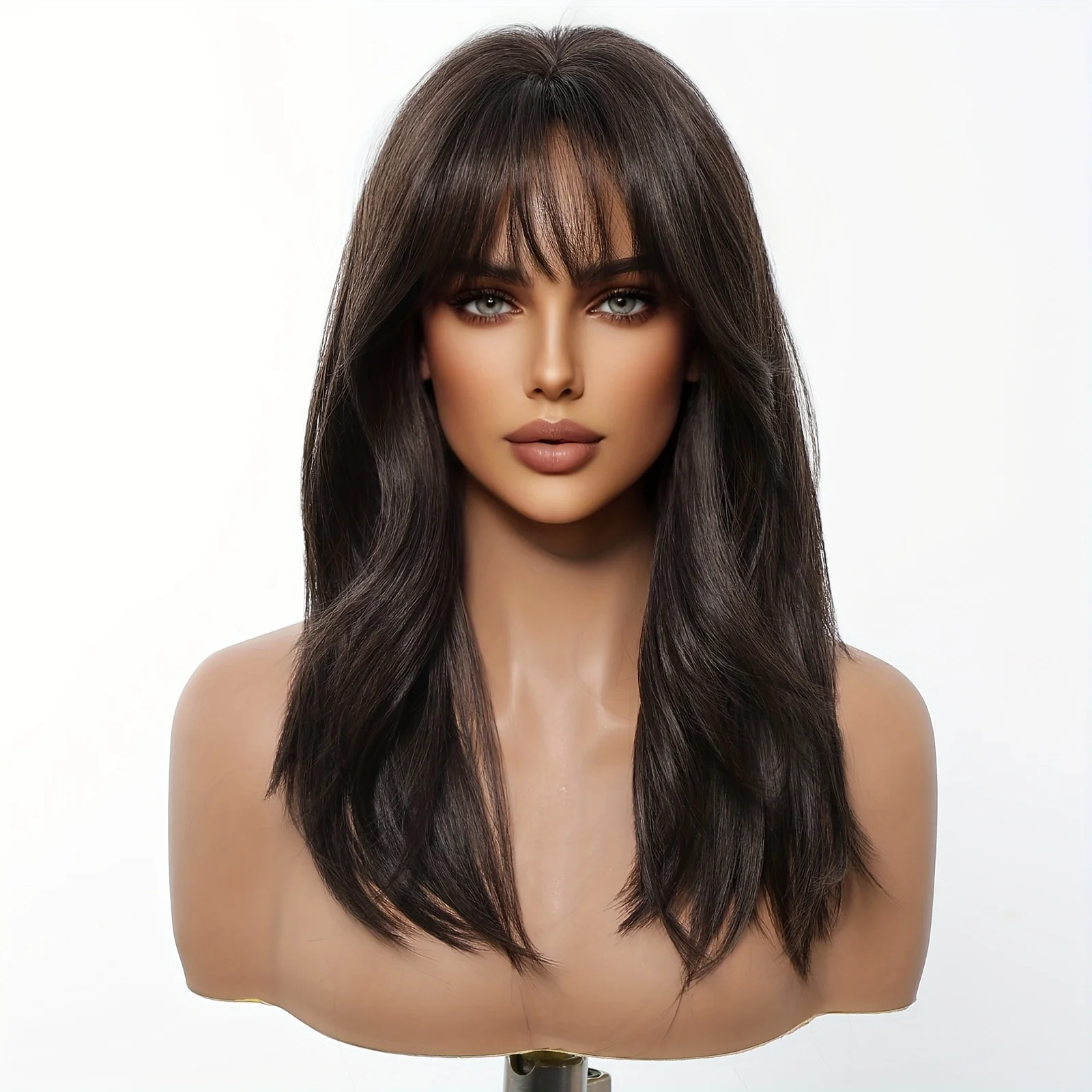 18-Inch dark brown long straight wig with bangs Synthetic women's wig is suitable for ordinary work, life, dance and other place