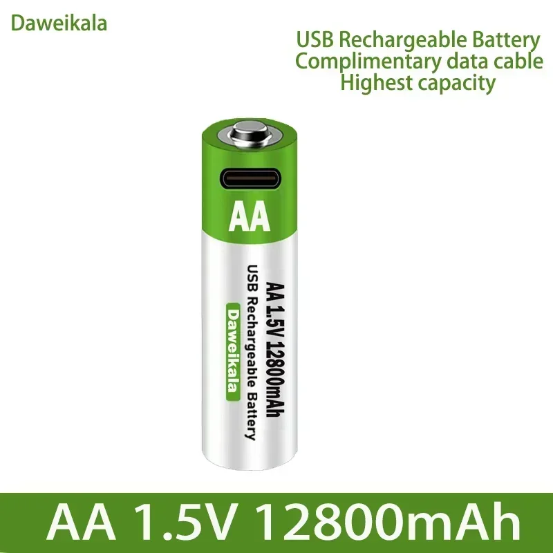 2024 New 1.5V USB AA Rechargeable Battery  12800 mAh Li-ion Battery for Remote Control Mouse Electric Toy Battery + Type-C Cable