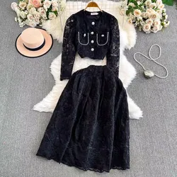 Elegant Autumn Embroidery Lace Set Two Piece Suits For Women O Neck Pearls Beaded Single Breasted Short Tops +Midi Skirt Outfits