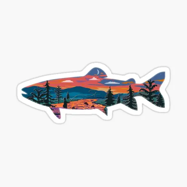 Trout Silhouette Fly Fishing Mountain Su  5PCS Stickers for Home Kid Living Room Room Water Bottles Stickers Funny Car Cute Wall