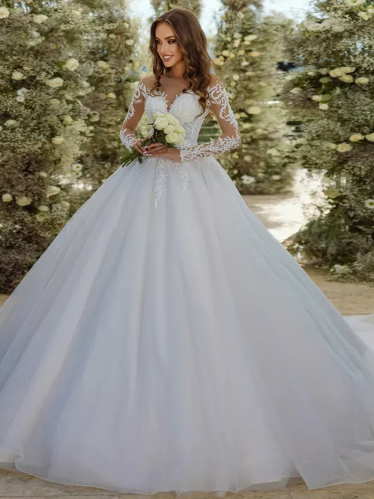 Boho col rond robes De mariée manches longues Appliques Illusion bouton dos a-ligne robe De mariée Vintage Tulle Vestido De novia