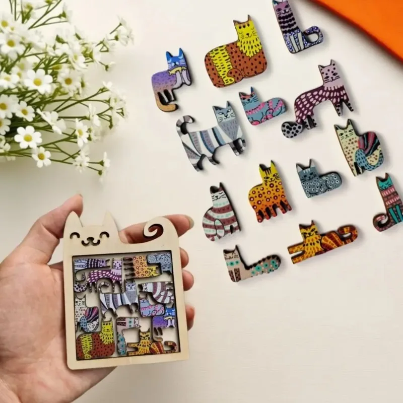Laser Cut Wooden Cat Puzzle Made of Birch Plywood Cute Pet Kitten Shape Jigsaw Craft Smooth Polished Wood Panel Creative DIY