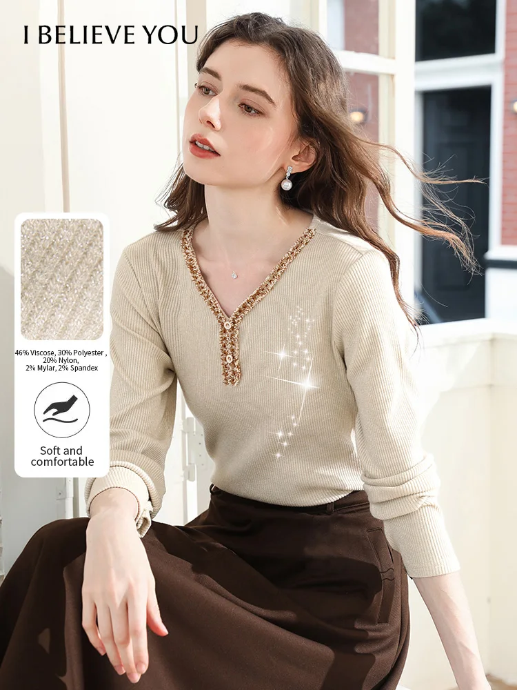 I BELIEVE YOU Woman Casual Pullover 2025 Autumn Luxury Apricot French V-neck Glitter Silver Long sLeeved Knitted Tops 2253016090