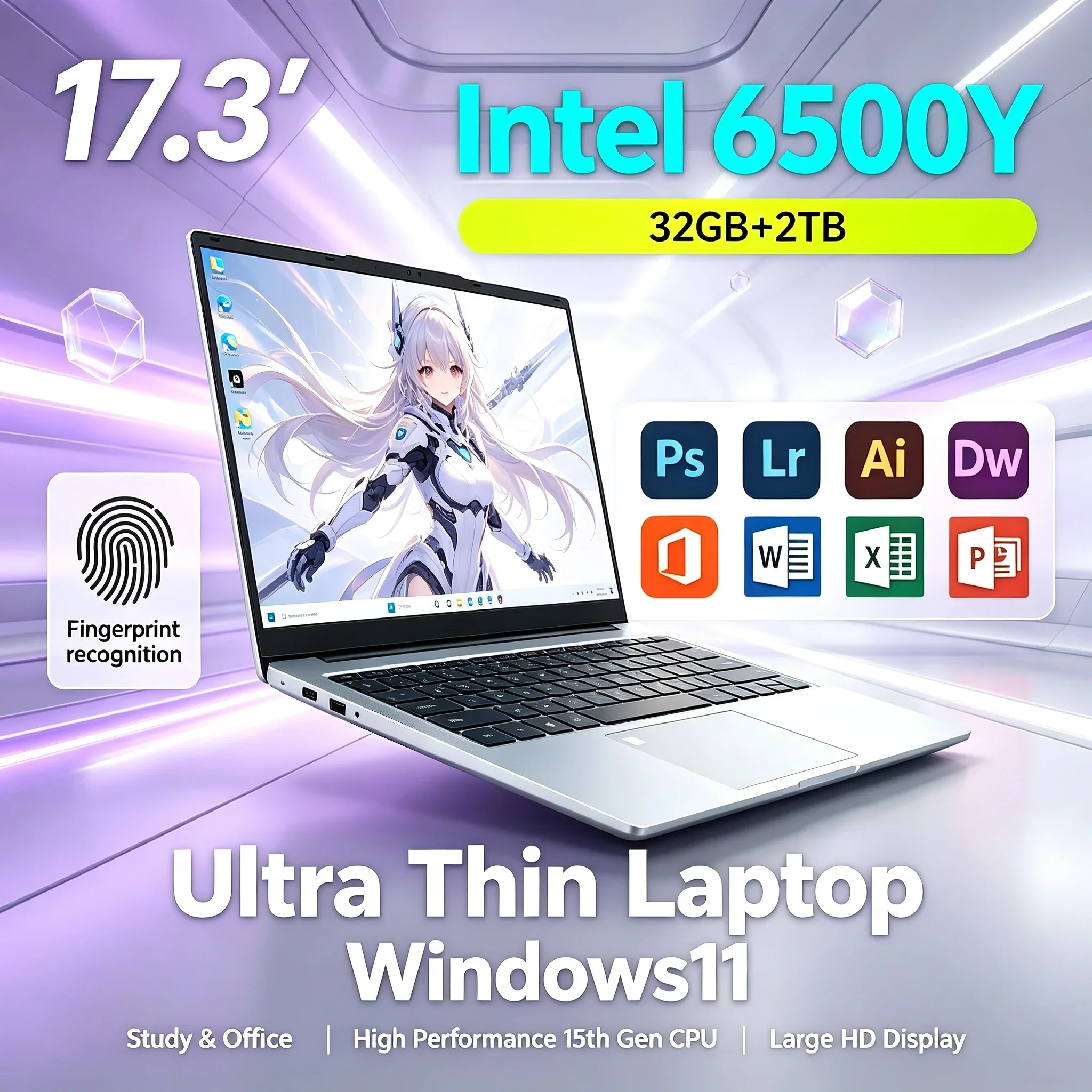 17.3'' HD Large‑Display Notebook Intel 6500Y 32GB RAM 1TB/2TB SSD Windows11 WiFi6 BT5.2 Laptop For Office Work Student Home PC