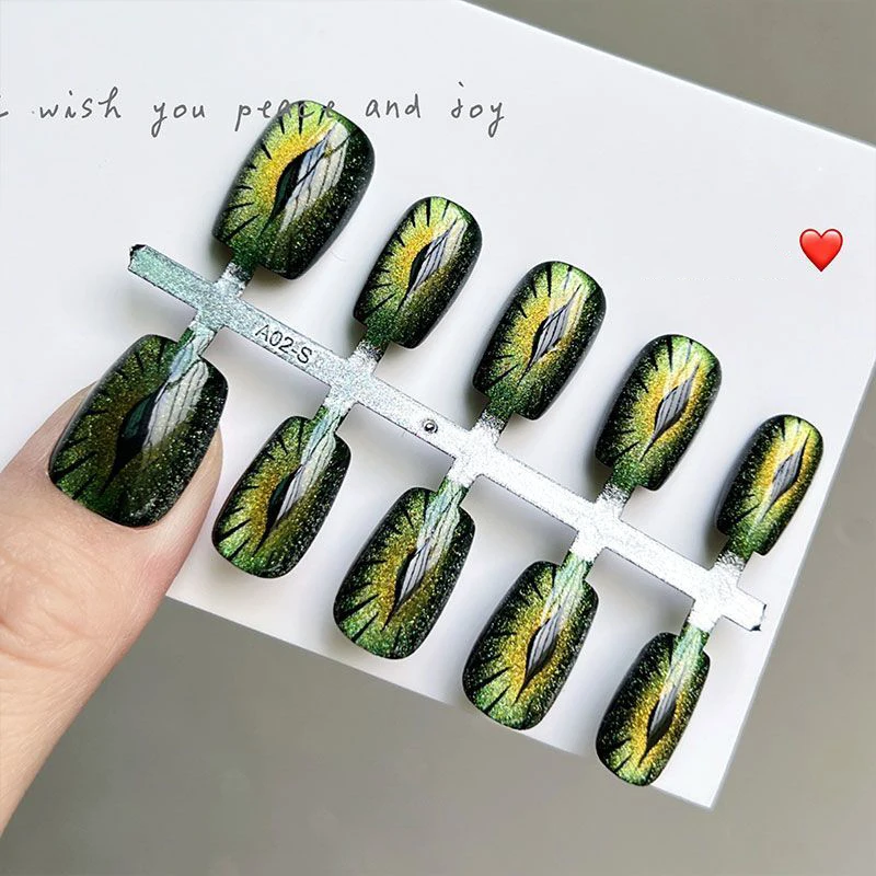 

10pcs Woman Green Cat-Eye Design Press On Nails Handmade Fake Nail Short Nail Tip Acrylic False Short Punk Nails Tips