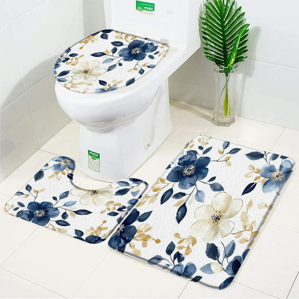 

Colorful Flowers Bath Mat Set Purple Floral Butterfly Home Bathroom Decoration Non Slip Rugs Toilet Cover Mat