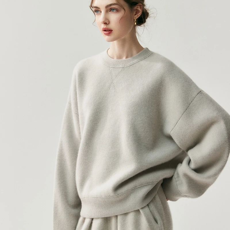 

Свободный пуловер с круглым вырезом, женский 100% кашемир, толстый спортивный повседневный свитер с заниженными плечами, осенне-зимний модный трикотаж