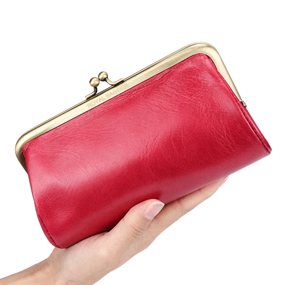 Royal Bagger Elegant Clutch Bags for Women Genuine Cow Leather Handbag Vintage Money Clip Purse Evening Bag with Kiss Lock 1492